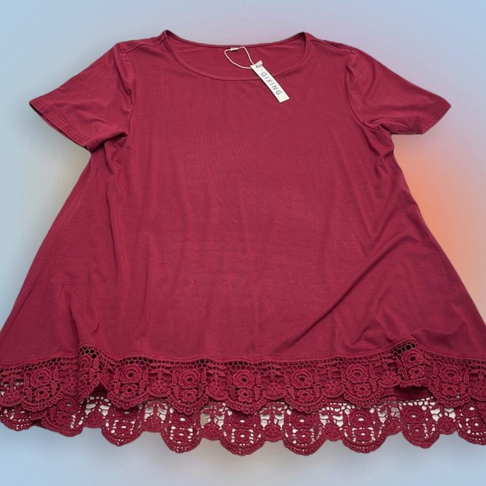 QIXING Women’s XL Red Lace Bottom Short Sleeve Top